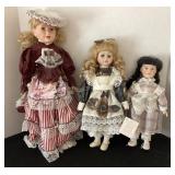 3 porcelain dolls, 15-21" tall