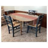 Drop leaf table, 4 rope seat chairs & runner
