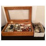 Wood box, costume jewelry, vintage belts,