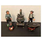 Cast Iron Amish Figurines, Stove, Bucket