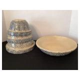 Roseville Spongeware mixing bowls & 12" pasta bowl