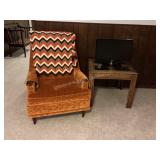 Vintage orange accent chair, afghan, end table &