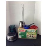 Coleman propane stove & lantern, mess kit, cups,