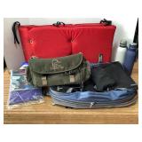L.L. Bean toboggan cover, pack towel, water