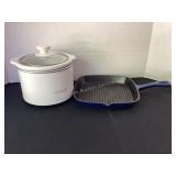 Small Crock Pot & blue enameled cast iron pan