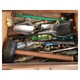 Drawer of gardening supplies, mallet, stakes &