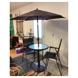 High Top Patio table, 2 chairs & umbrella