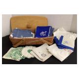 Basket of linens, napkins & wood lid (note,