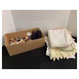 Vintage linens & box of spools