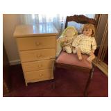 Small 4 drawer wood dresser, chair & dolls, one is