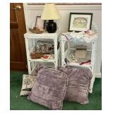 2 wicker stands, handkerchiefs, lamp, decor,