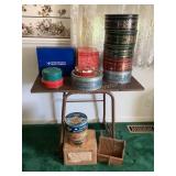 Typewriter stand, tins, berry picker & more