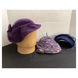 Wood hat display form & 3 vintage hats