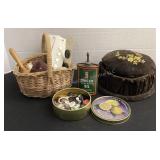 Basket of sewing notions, buttons, sock darner,