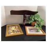 Antique wood wall shelf, pictures & faux plant