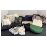 Vintage purses, accent pillows, handkerchiefs