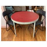 35' red top round card table & 2 folding chairs