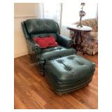 Thomas-Bain green leather chair, ottoman &