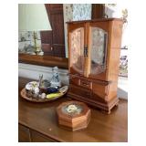 2 jewelry boxes & tray of perfume, vintage