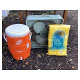 Vintage metal box fan, igloo dispenser, life vest