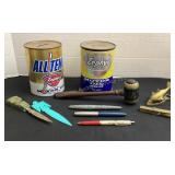 Vintage oil can banks, letter openers, fountain