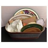 Metal planter of tin trays, plaques, plates & more