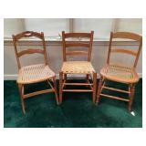 3 antique wood chairs, 2 with cane seats