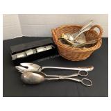 Basket of silver plate silverware & serving pieces