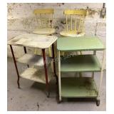 2 vintage metal carts & 2 wooden stools