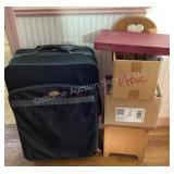 Wood stool, American Tourister suitcases, boxes