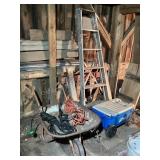Wheelbarrow, extension cords, Ames cart,