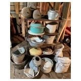 Shelf & Contents; watering can, buckets, bell,