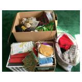 Boxes of misc. fabric pieces, gloves, hats,