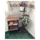 Plant stand, small bookshelf & contents