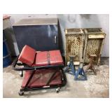 Metal shop cabinet, mechanics dolly / stool,