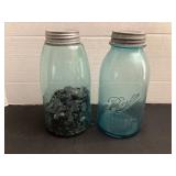 Two 2 quart Blue Ball Jars, one with buttons