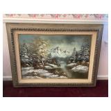 Large vintage canvas painting in wood frame, 45