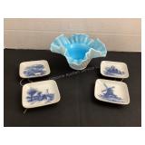 Blue & white ruffled hobnail bowl & 4 Royal