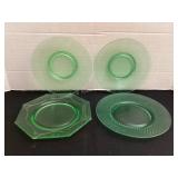 4 Green Depression Glass Plates, glowers