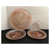 Pink depression glass divide bowls, cake plate &