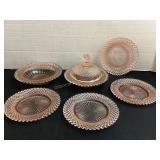Pink depression glass covered butter dish, four 5