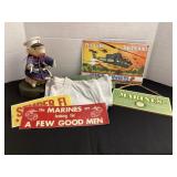 Porcelain Marines sign (12 1/2x8'), stickers,