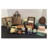 Vintage brushes, pictures, basket, boxes & tins,