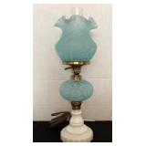Fenton Daisy Fern Blue satin glass lamp, 19' tall