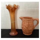 Vintage stoneware pitcher & carnival glass 9 1/2'