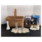 1986 Longaberger basket, candle holders, milk