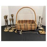 Basket, candle holders & snuffers; brass,