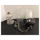 Oil lamp base, hurricanes & cast iron hanger