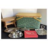 Vintage picnic basket, stool, silver plate
