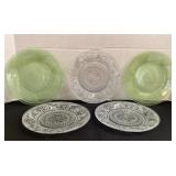 2 green depression glass plates (glowers) & 3